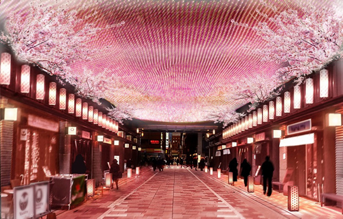 「仲通り」に春の象徴である桜をモチーフにした装飾とLED によるアートな桜回廊が出現