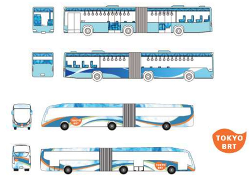 新たな交通機関「BRT」イメージ タイヤが6輪、バスを2台つなげたようなイメージ 乗降の際にはすべての扉が開き、どこからでも乗降できるという 注:上記イメージは、多摩美術大学と東京都の共同研究によるコンセプト試作で、実際の運行の際に採用するデザインではない。