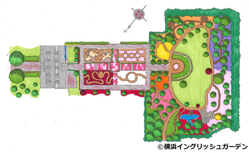 園内はカラースキーム(色彩計画)に基づいて、「ローズ&シュラブガーデン」や「ローズ&グラスガーデン」「ローズ&クレマチスガーデン」「ローズ&ハーブガーデン」など6つのエリアで構成