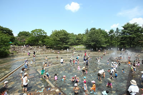 自然の川の流れを再現した水深35cm程度の池で、小さな子どもでも安心して遊べるとあって大人気