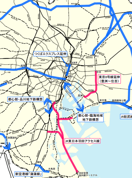 <strong>東京8号線延伸(豊洲~住吉)</strong> 東京臨海地域から東京区部東部を南北方向につなぐネットワークが強化され、利便性が大きく向上。東西線木場駅・門前仲町駅間の混雑率(混雑時199%)も緩和される。