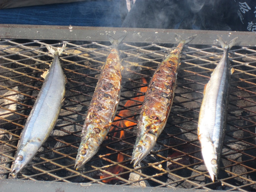 目黒区の友好都市・宮城県気仙沼市から届けられた新鮮なさんま5,000尾を炭火で焼く