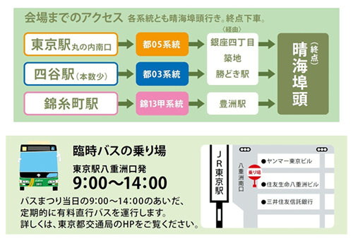 会場は晴海客船ターミナル(東京都中央区晴海5-7-1)。まつり開催中は東京駅より臨時バスを運行。