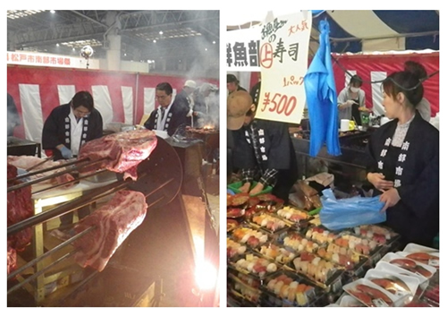 新鮮で豪快な「マグロの解体実演・即売」や「ホンビノス貝の盛り放題販売」をはじめ、売り切れ御免の人気商品が多数