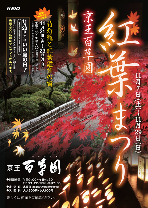 京王百草園「紅葉まつり2015」が11/7(土)~11/29(日)に開催 - 竹灯籠と紅葉鑑賞の宵もおすすめ